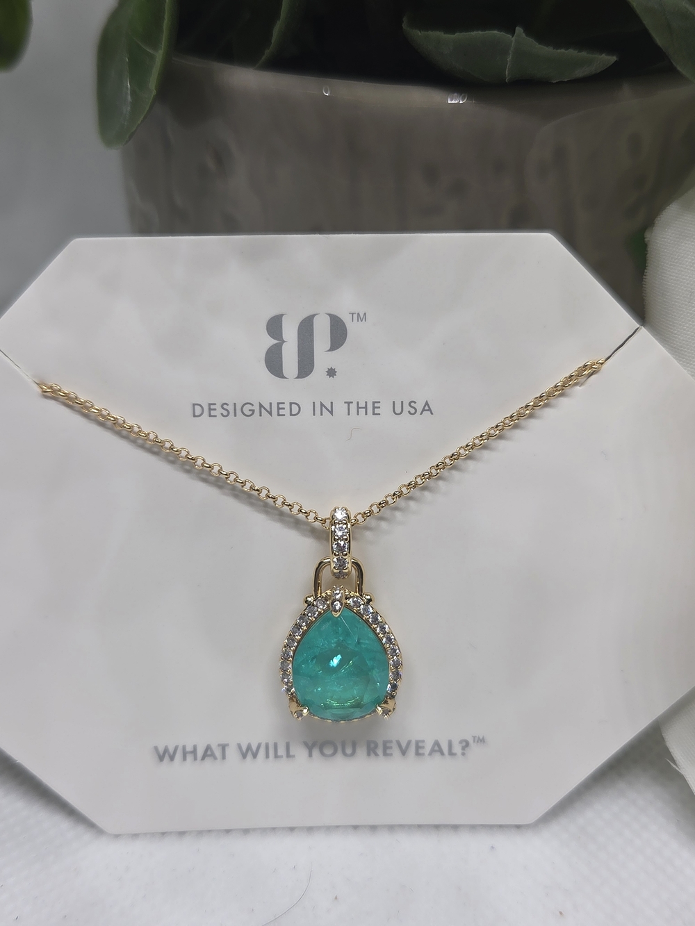 BP Teardrop Blue Aragonite And Quartz Necklace On Gold Plating